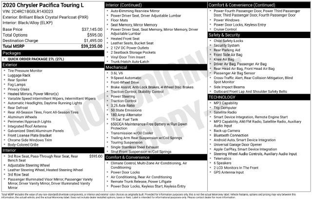 2020 Chrysler Pacifica Touring L 8 PASSENGER SEATING