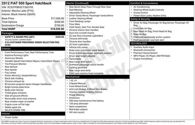 2012 FIAT 500 Sport 5 SPEED MANUAL
