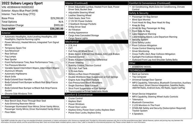 2022 Subaru Legacy 2.5i Sport AWD